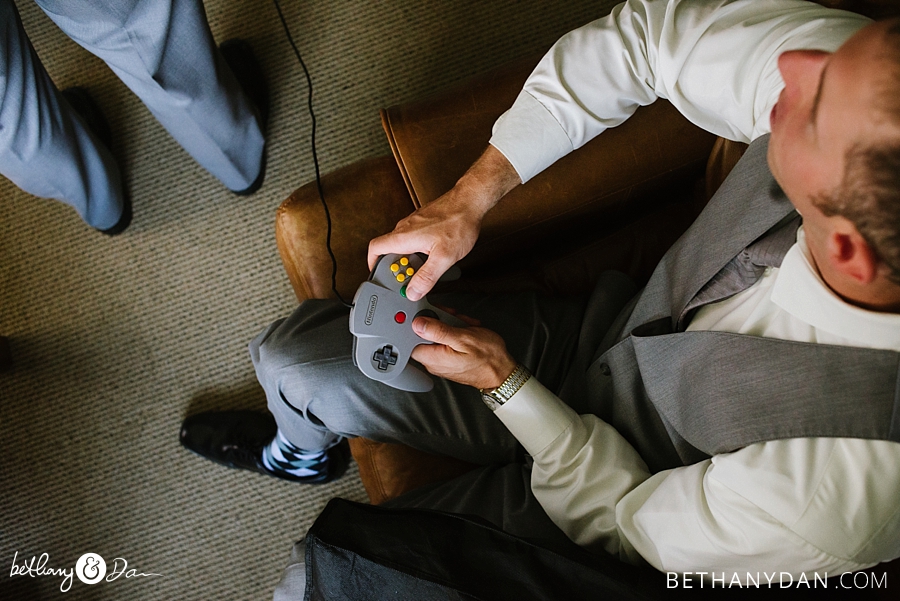 The groomsmen play games before the ceremony