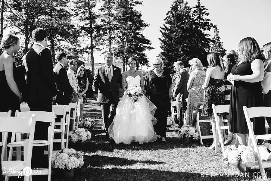 Bride and family walking down the Aisle in Southport Maine