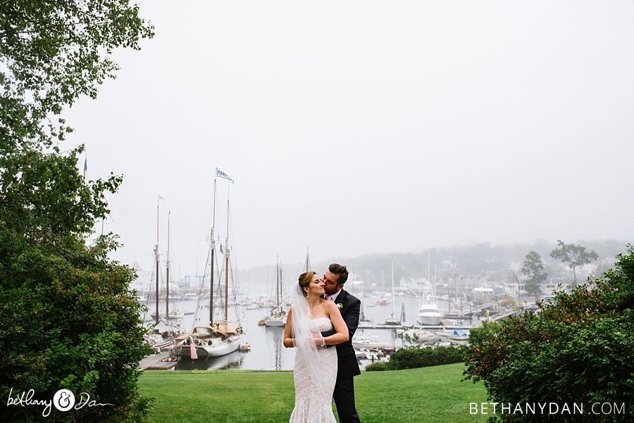 Bride and Groom with Camden Harbor in the background
