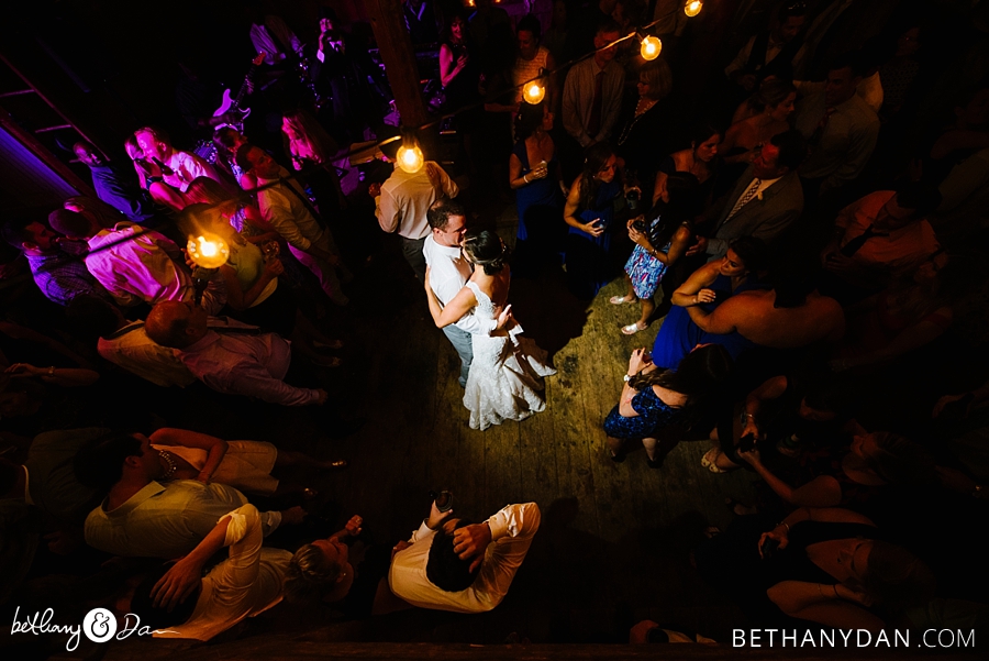 The bride and groom on the center of the dancefloor